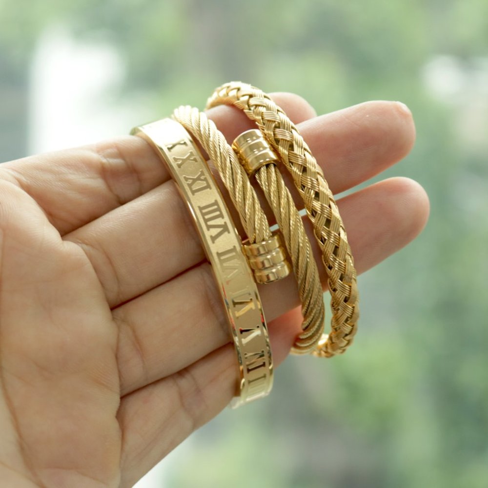 3 Piece Royal Roman Bracelets Bangles Adjustable Gold - Picture 5 of 8